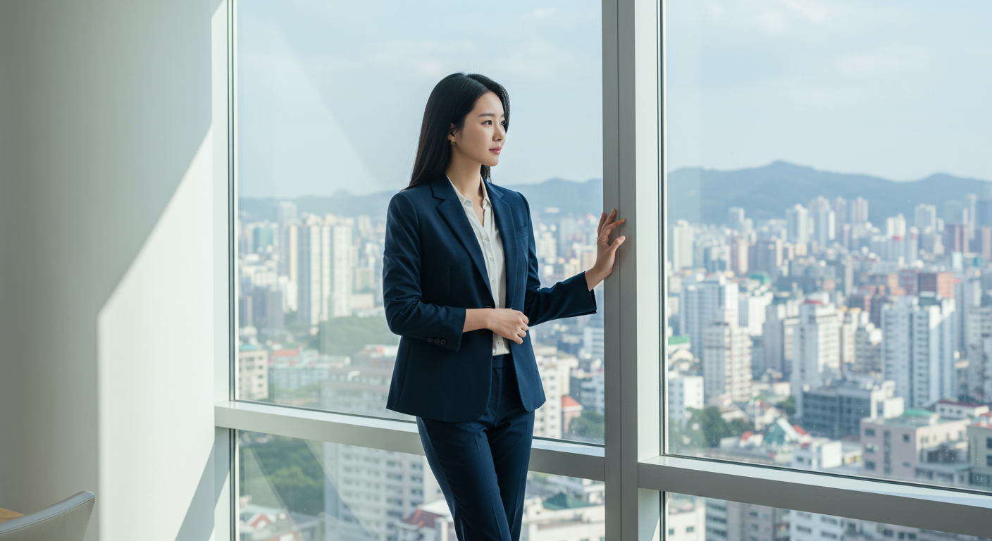 중요한 결정을 앞둔 듯 창밖을 바라보는 현대적 한국 여성