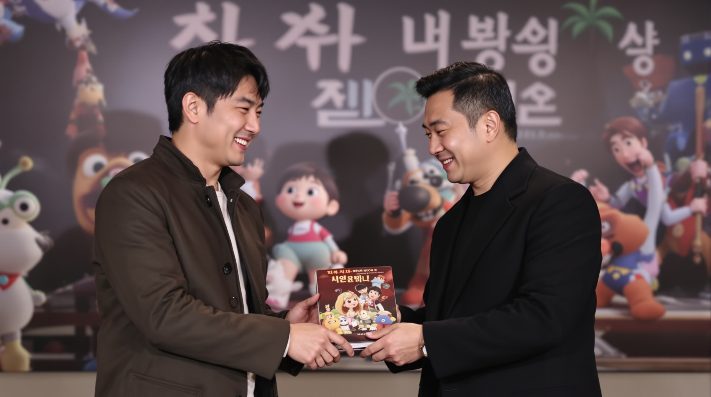 애니메이션 행사에서 책을 받고 실사 영화 협업에 대한 기대를 드러내는 박정민과 연상호 감독