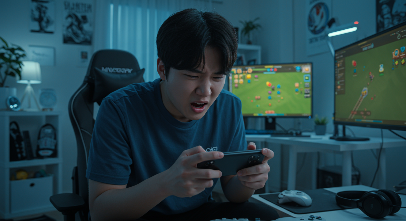 젊은 남성이 농장 게임을 하며 스마트폰 문제로 좌절하는 모습