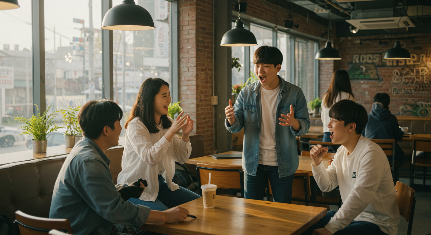 활기찬 카페에서 게임 협력 전략을 논의하는 젊은이들의 그룹 대화 장면
