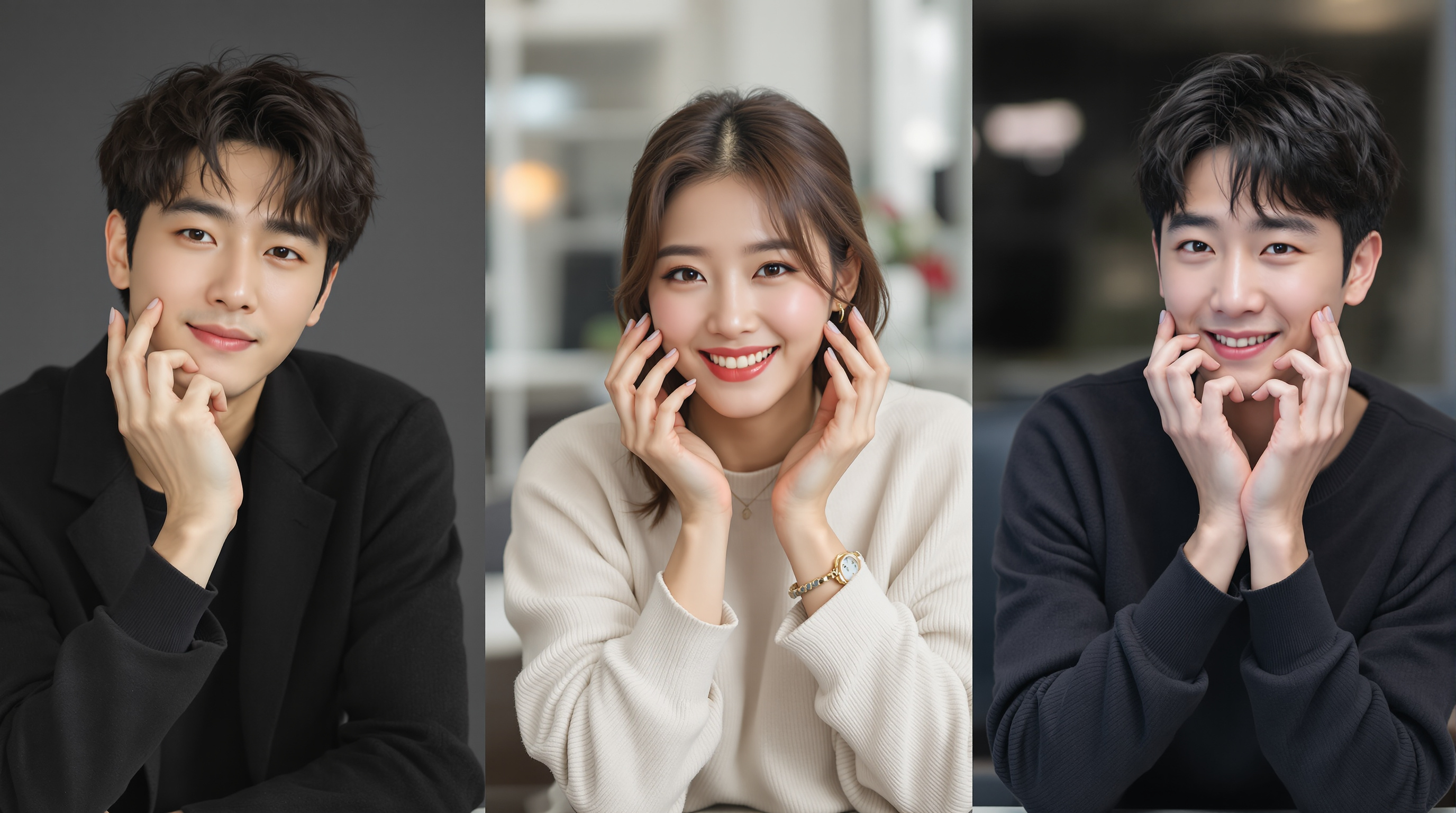 유명 한국 연예인들의 단풍손 특성을 강조한 초상 사진
