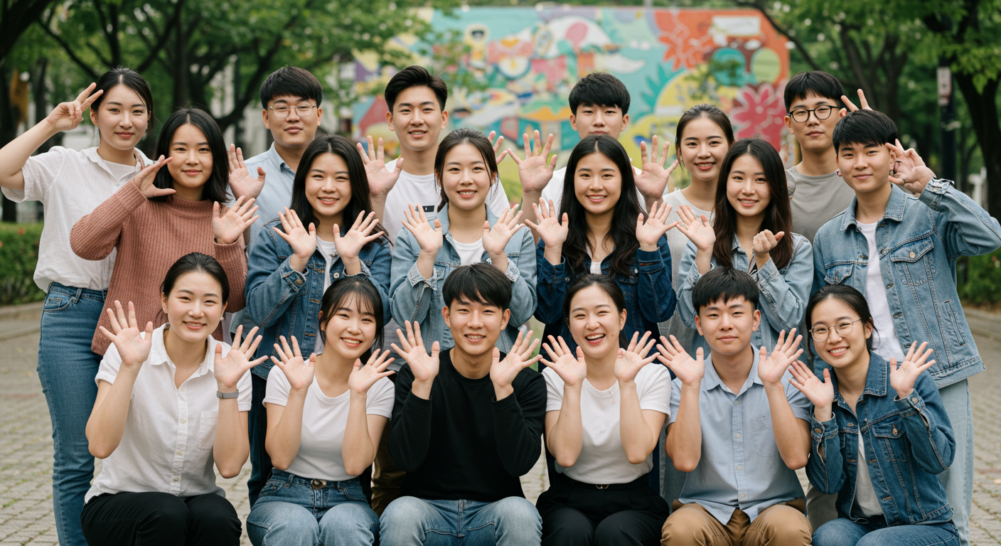 다양한 포즈로 손을 보여주는 젊은 한국인 그룹 사진
