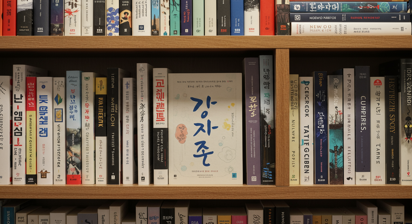 책장에 놓인 다양한 소설들 속에서 눈에 띄는 파란오렌지 역전