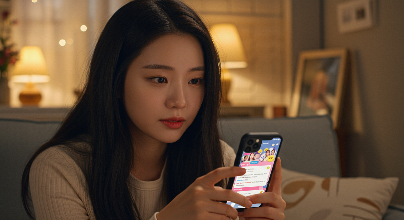 독특한 채팅 테마가 적용된 아이폰을 사용하는 젊은 여성의 모습