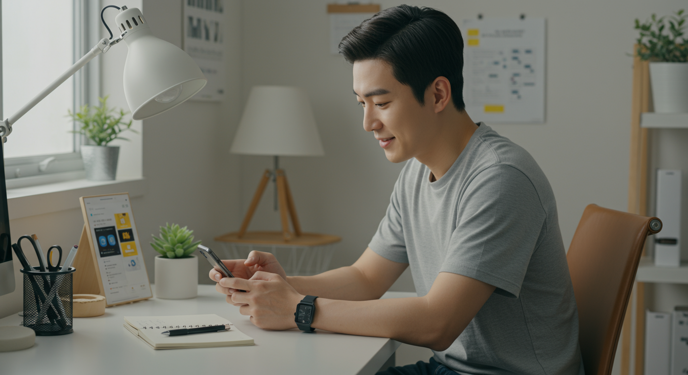 사파리 브라우저로 테마 파일을 다운로드하는 한국 남성의 집 데스크탑 모습