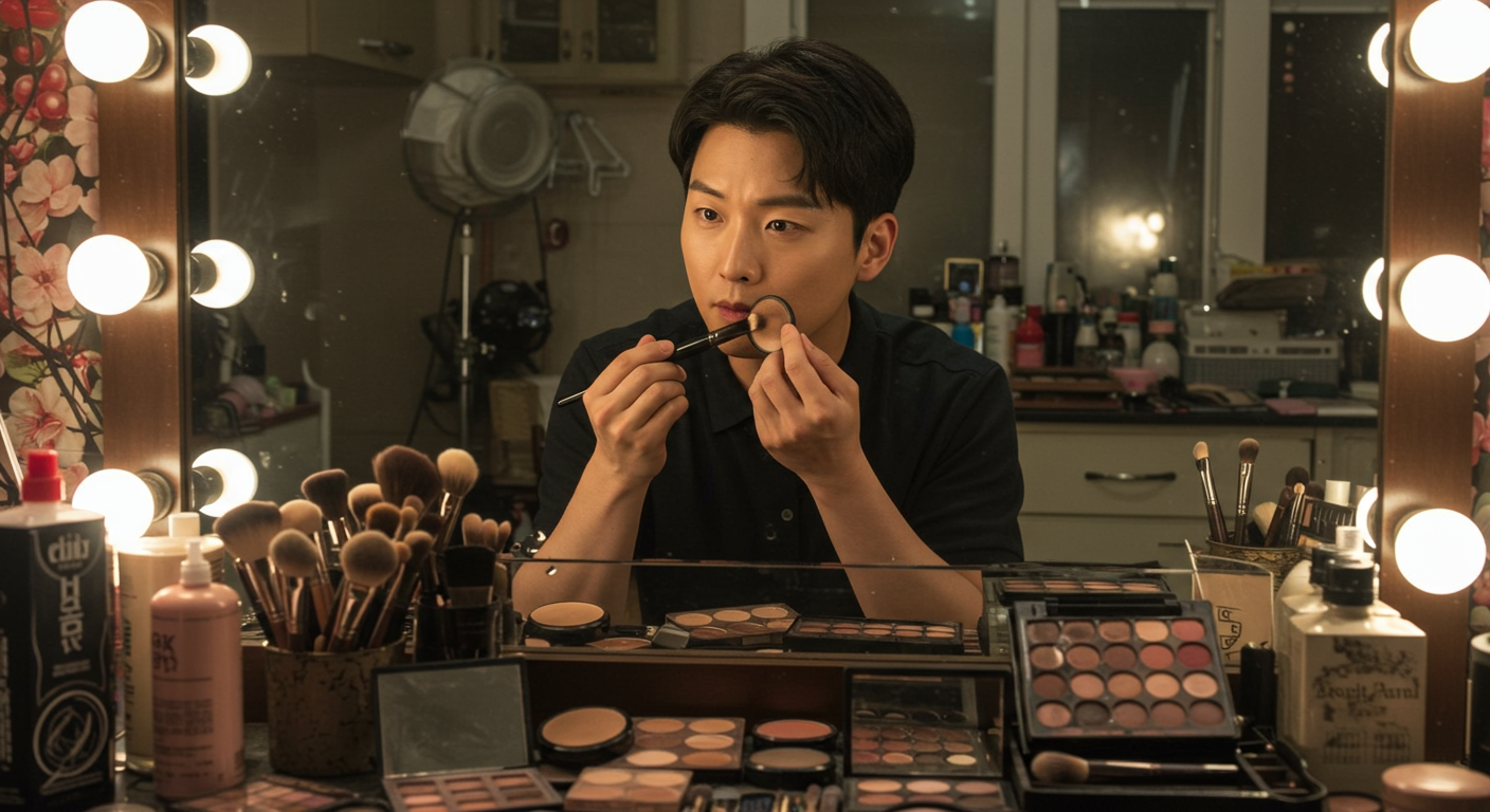 거울 앞에서 노부인 캐릭터로 변장하는 남성의 섬세한 메이크업 과정