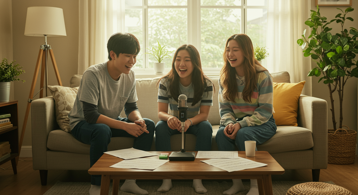 거실에서 함께 노래 연습을 하는 청소년들의 즐거운 모습