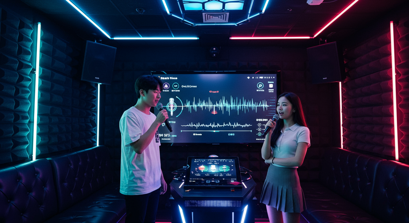 AI 기술로 실시간 피드백을 받으며 보컬 분석 화면을 보는 한국 젊은이들