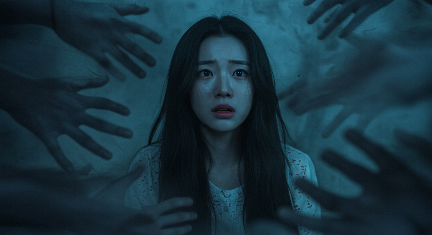 꿈속에서 갈등하는 젊은 여성의 심리적 긴장감