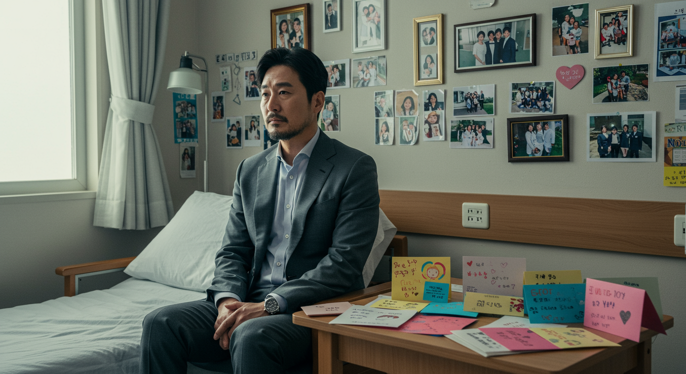 병실에서 가족사진과 쾌유 카드를 보며 깊은 생각에 잠긴 한국의 변호사와 방송인