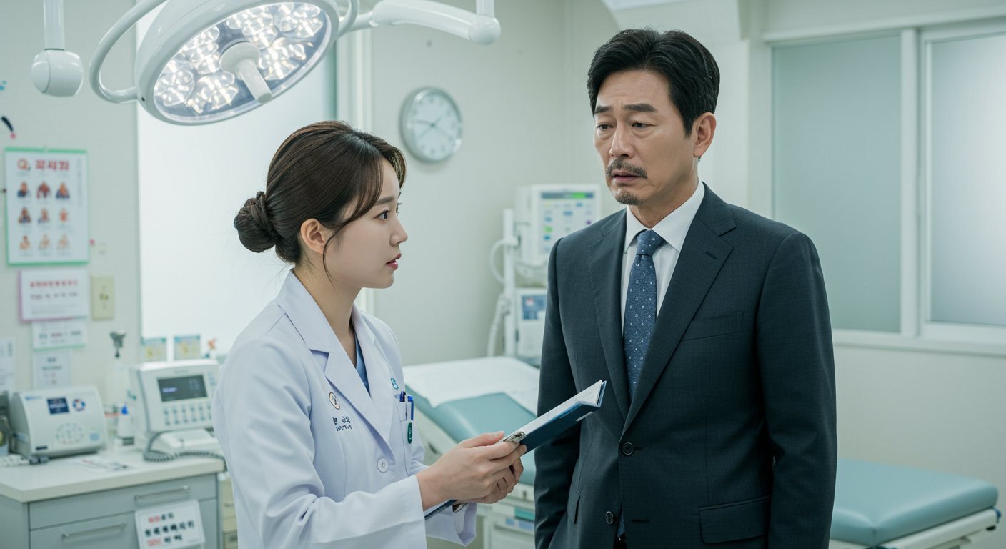 현대식 병원 진료실에서 의사에게 진단받고 있는 중년 남성의 감정적인 순간