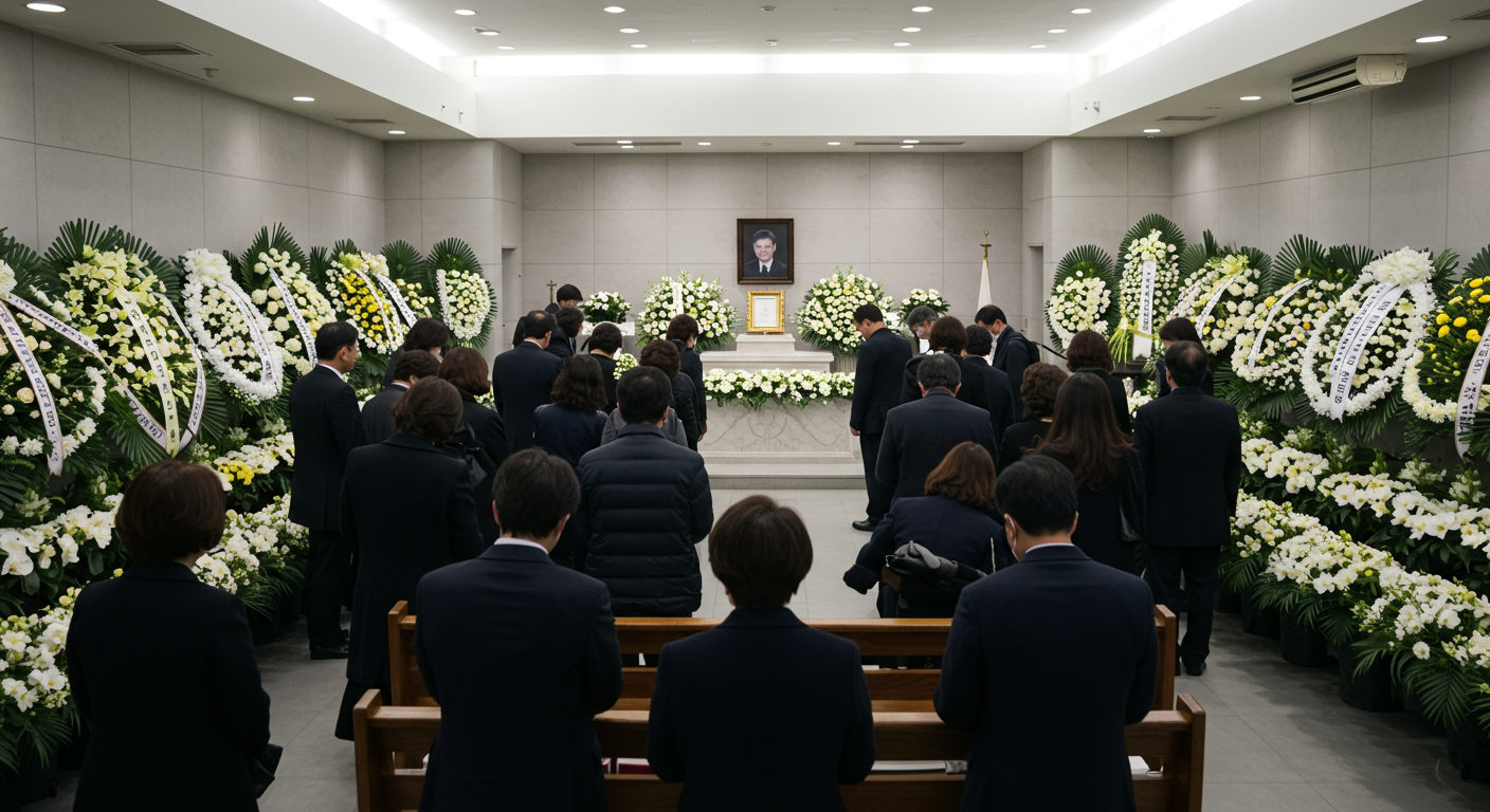 서울 병원의 장례식장에서 고인을 추모하는 이들과 꽃 헌화로 가득 찬 장례식장