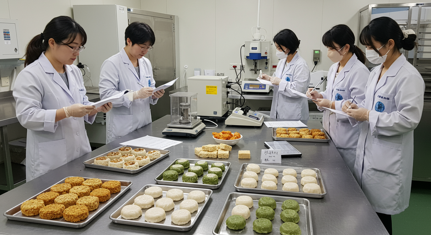전문 테스트 환경에서 품질 평가팀이 한국식 떡에 대한 감각 평가와 측정을 수행하는 장면