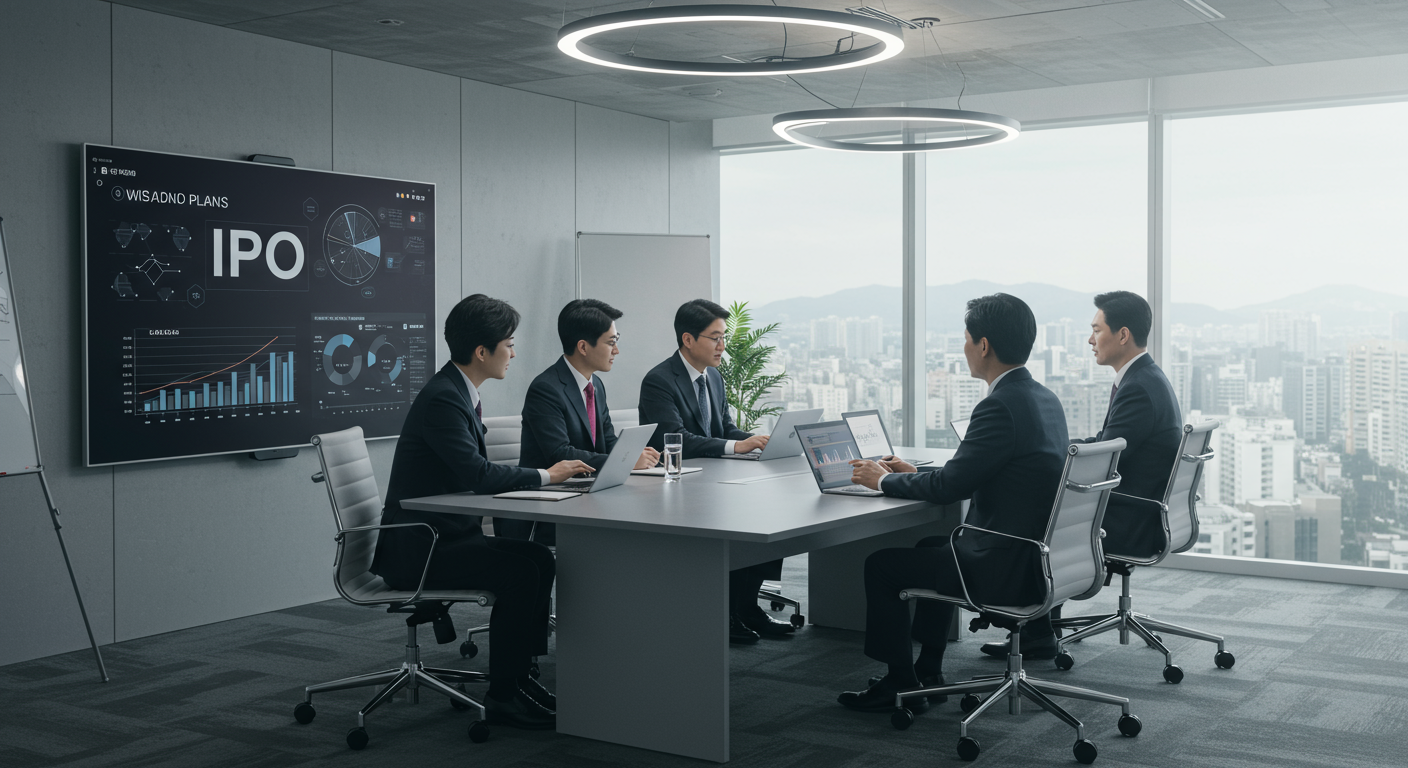 경영진들이 디지털 도구를 활용해 IPO 계획을 논의하는 비즈니스 미팅룸
