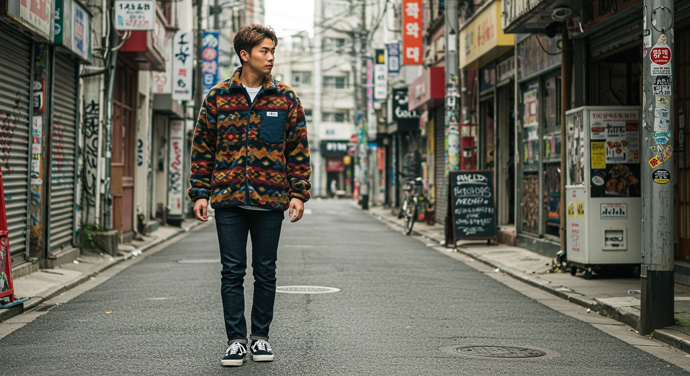 젊은 남성이 유니클로 니들스 후리스 가디건을 입고 도시 거리를 걷는 모습