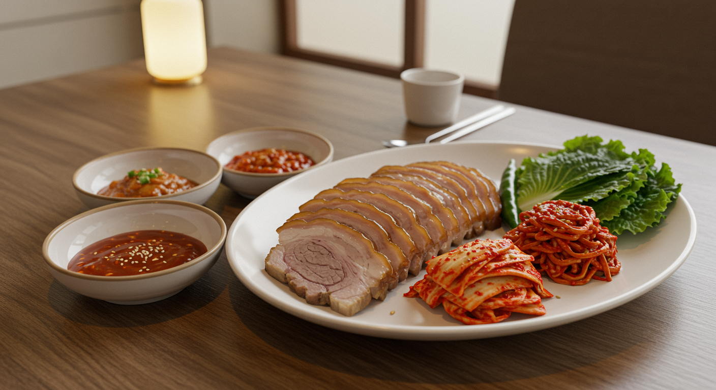 얇게 썬 수육과 소스 및 김치가 곁들여진 접시가 현대적인 식탁 위에 놓인 모습