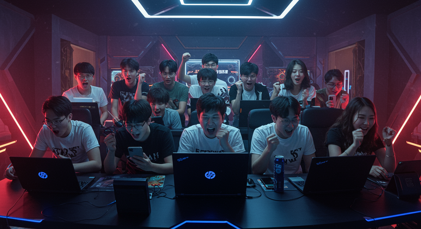 흥분한 게이머들이 새 MMORPG의 출시를 축하하는 모습