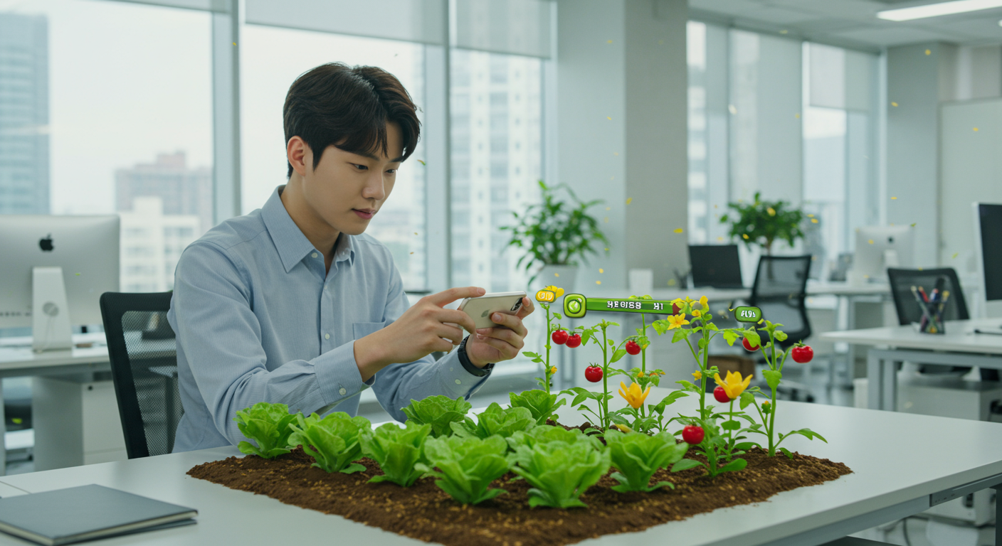 현대적인 사무실에서 스마트폰으로 가상 농장 게임을 즐기는 직장인의 모습