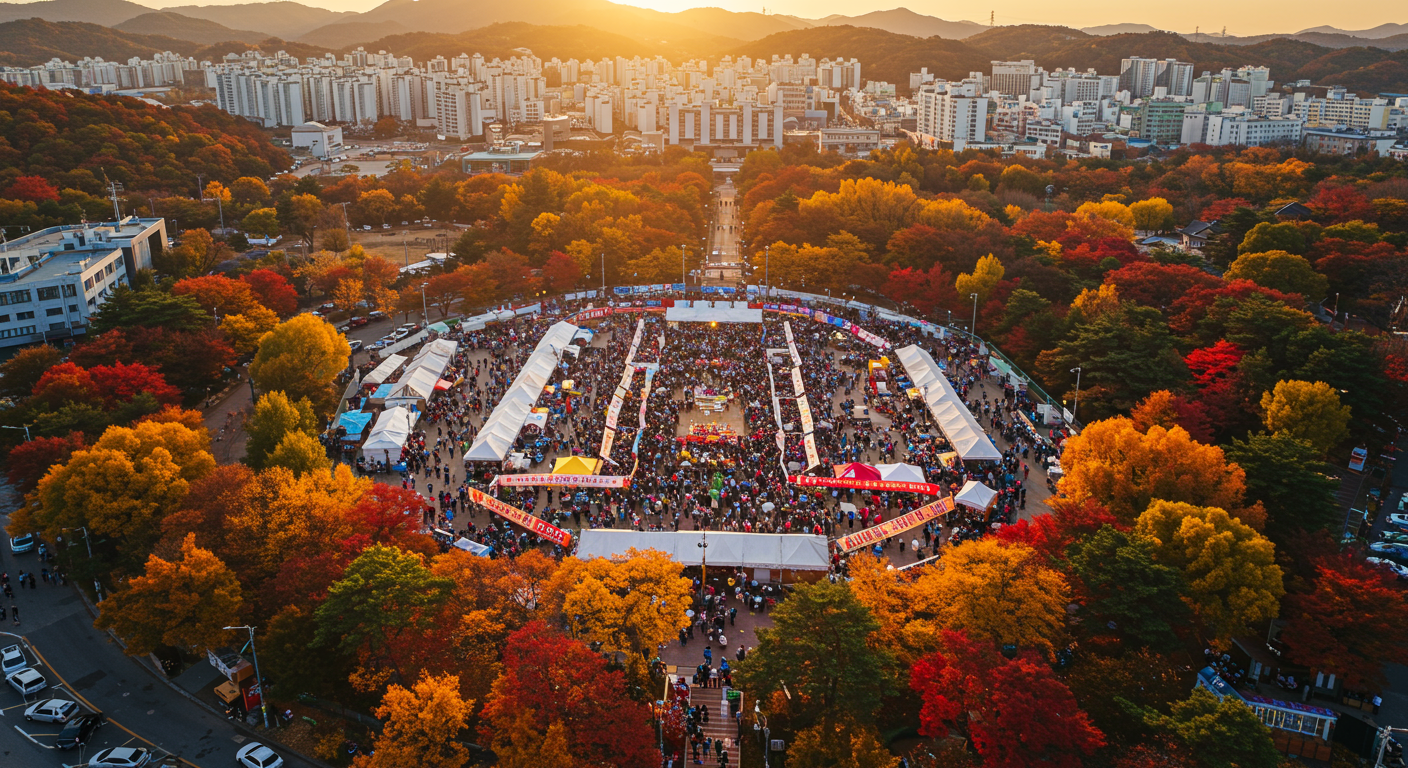 가을의 광주 전경과 김치를 주제로 한 야외 축제를 즐기는 사람들