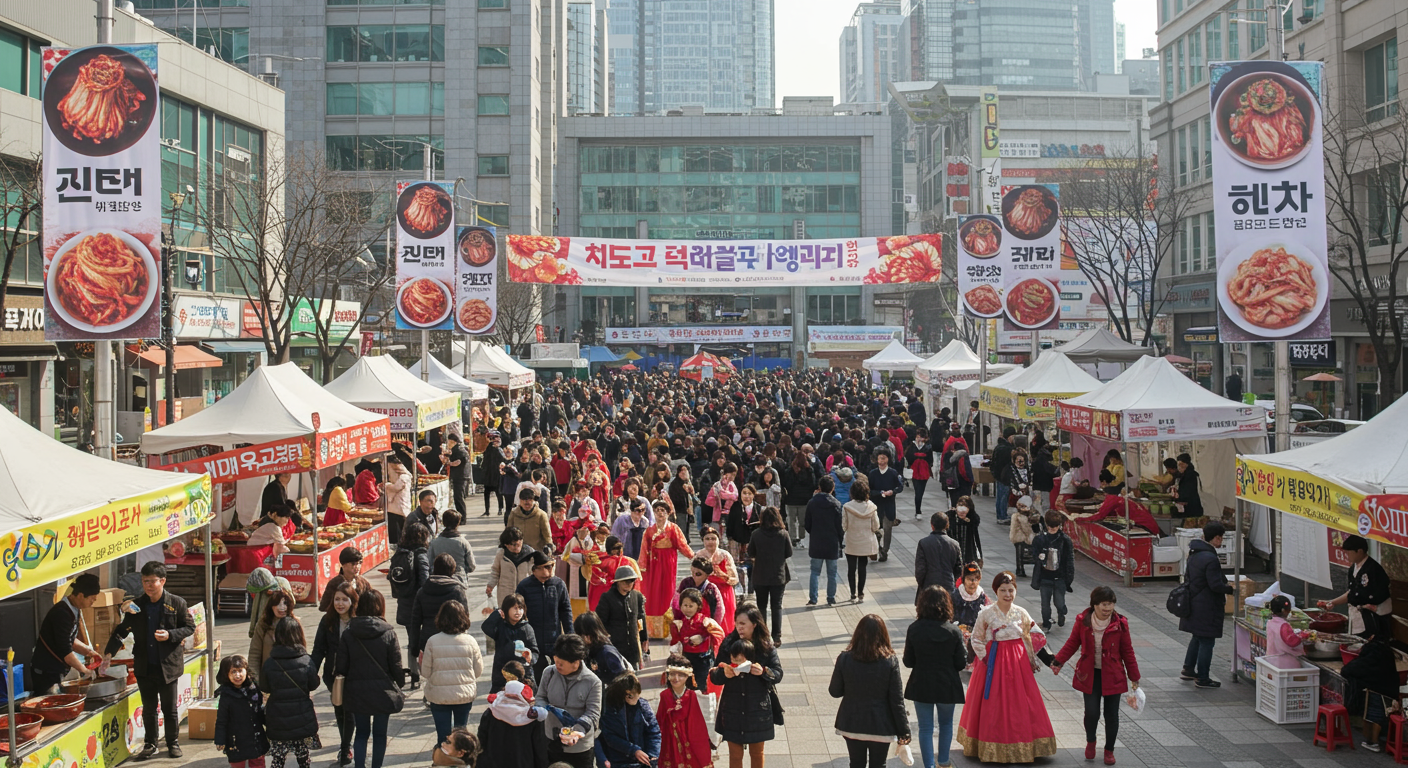 광주의 번화한 시청 광장에서 열린 김치축제와 