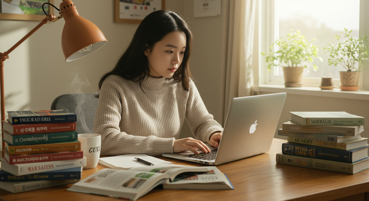 집에서 노트북으로 중고책을 온라인에 등록하며 커피를 마시는 학생