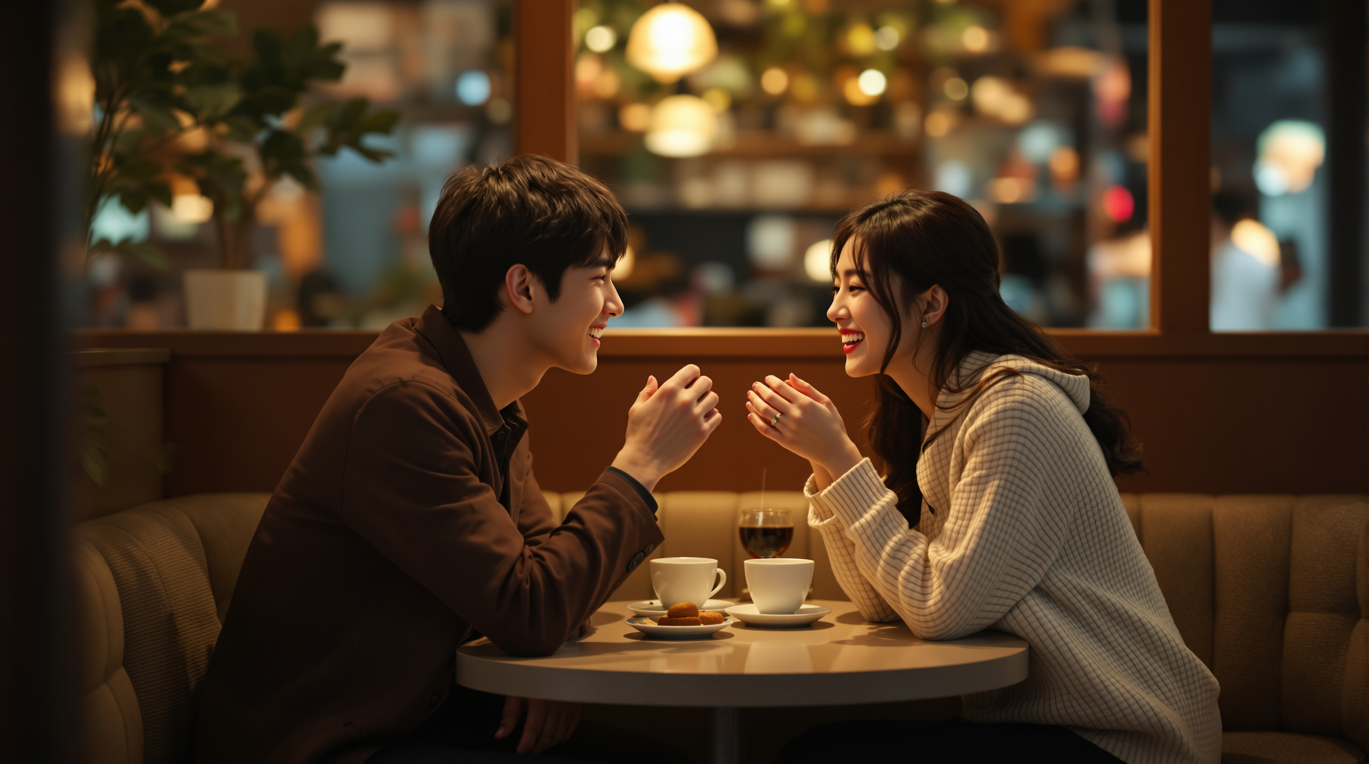 카페에서 웃음과 애정 어린 제스처를 나누는 두 사람