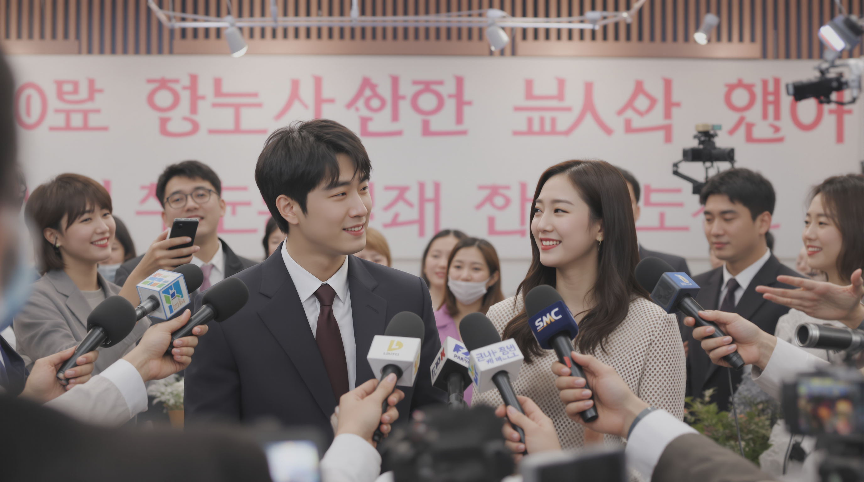 기자회견장에서 열애 사실을 발표하는 장면