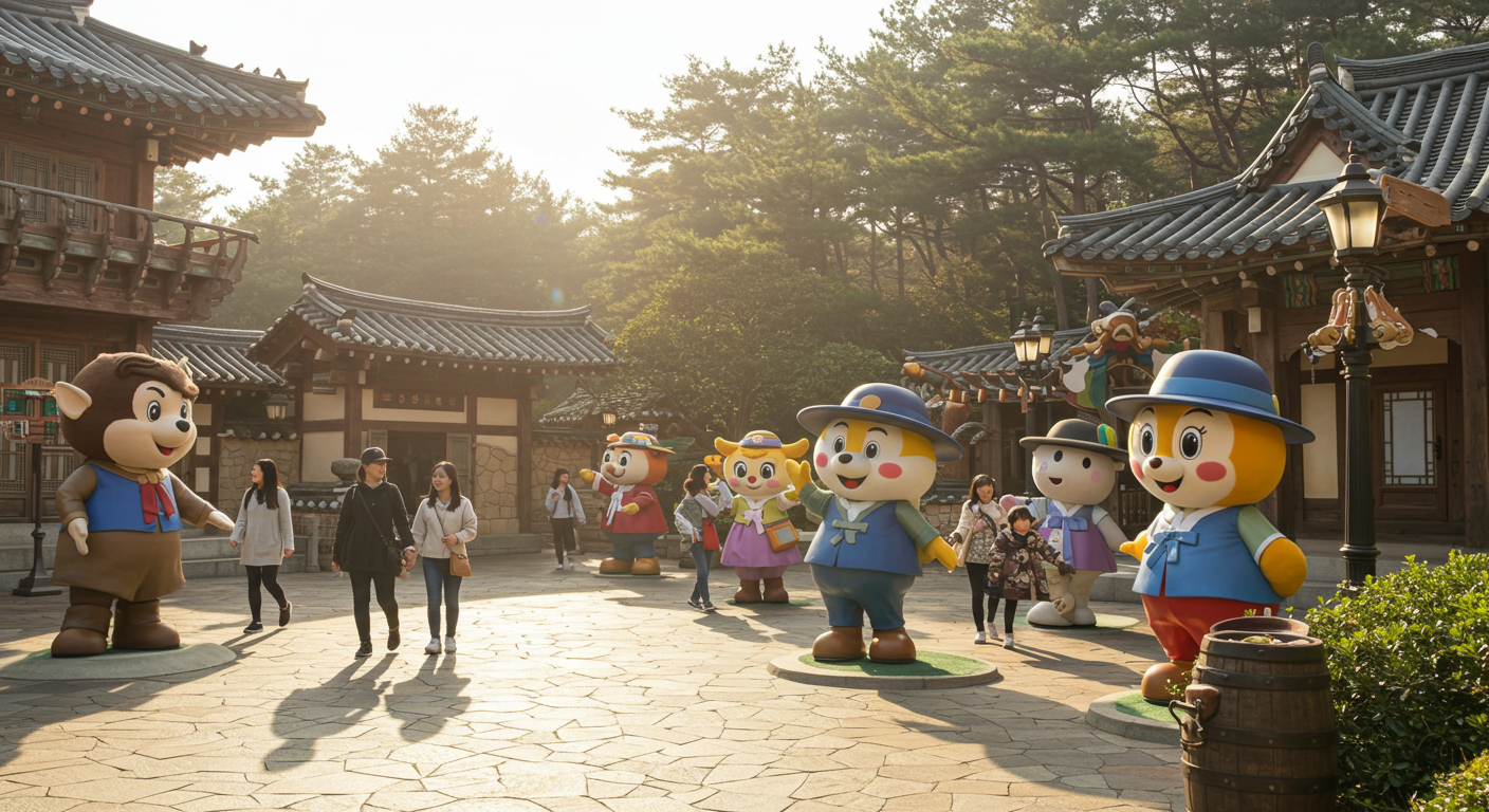 에버랜드 테마존에서 캐릭터 조형물과 전통 건축물을 배경으로 사진 찍는 방문객들