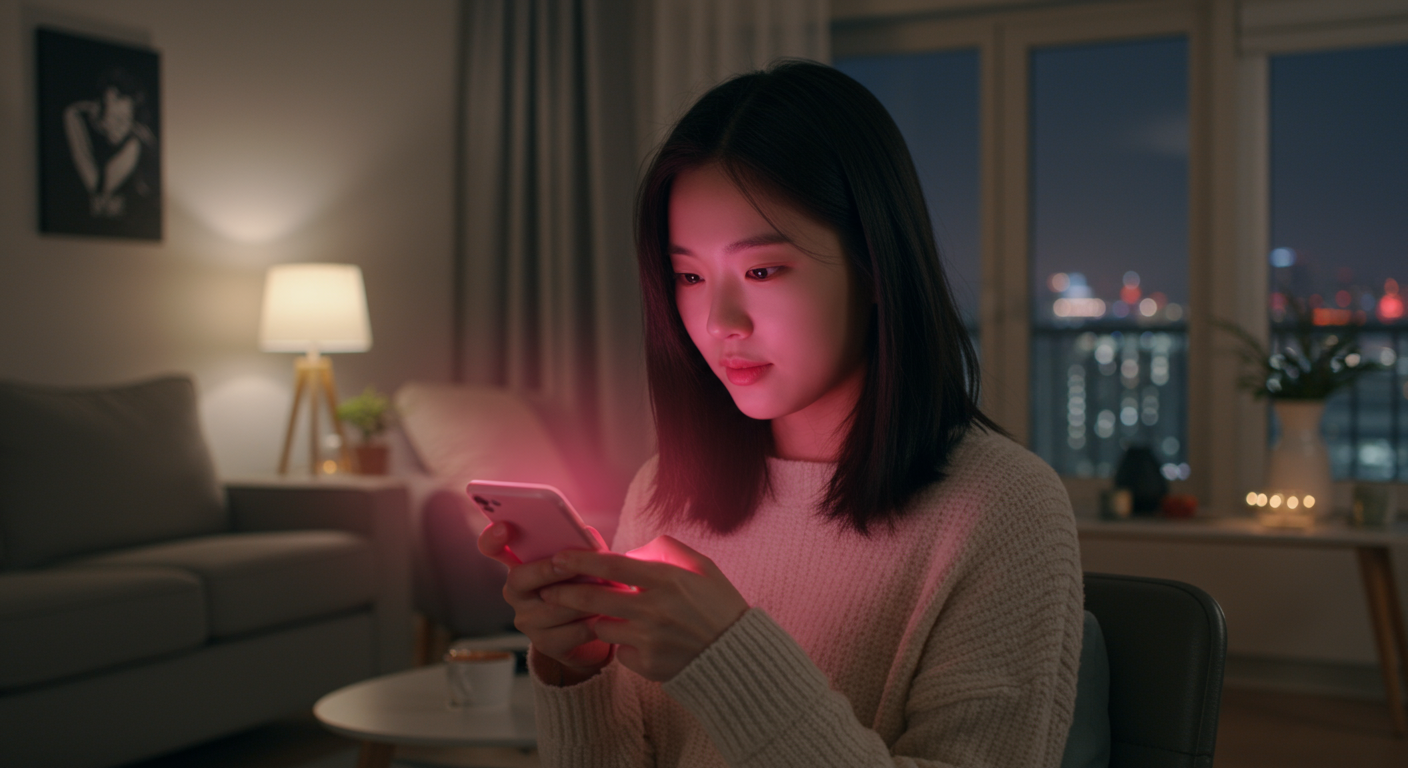 현대적인 아파트에서 스마트폰으로 핑크톤 채팅 화면을 보는 모습