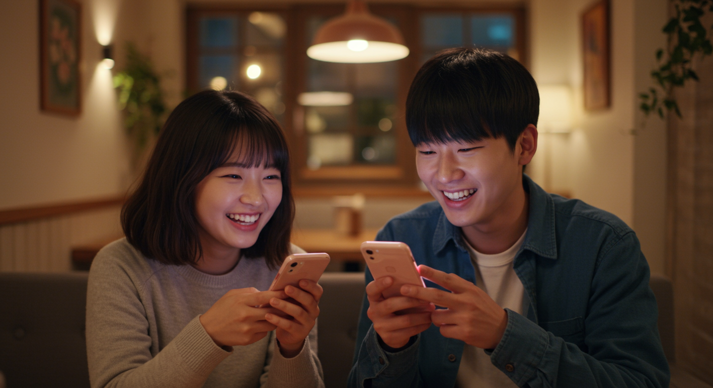 카페에서 따뜻한 핑크빛 조명이 비치는 가운데 스마트폰으로 대화하는 두 친구