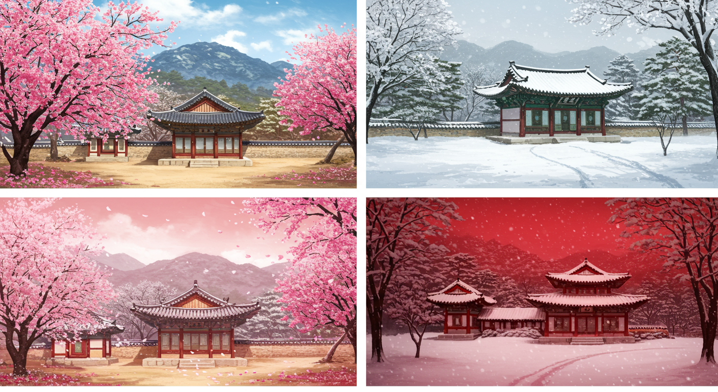 메신저 앱용 봄의 밝은 핑크와 겨울의 깊은 레드를 보여주는 한국식 계절 배경들