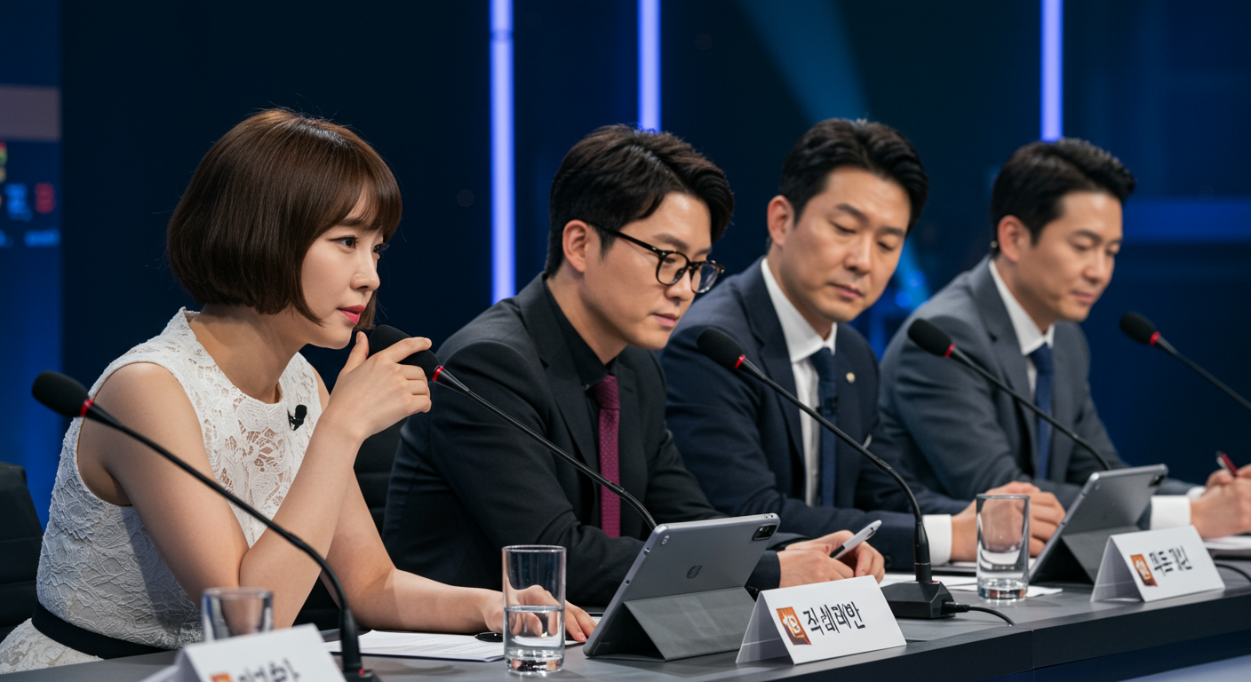 다양한 한국 심사위원과 프로듀서들이 현대적인 패널 테이블에서 마이크와 태블릿을 들고 공연을 평가하는 모습