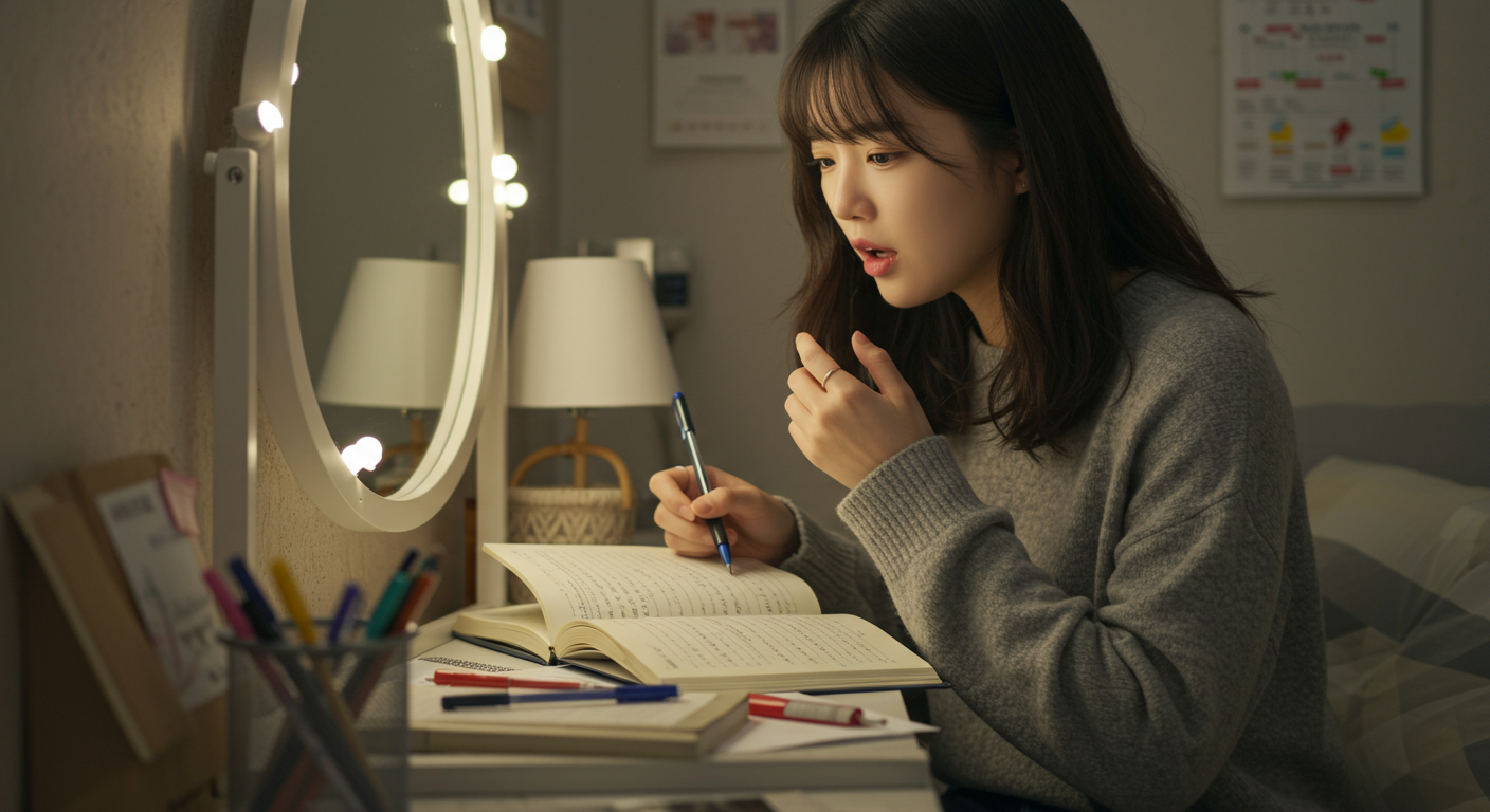 노래 가사가 적힌 노트를 펼쳐두고 거울 앞에서 발음을 연습하는 한국 여성