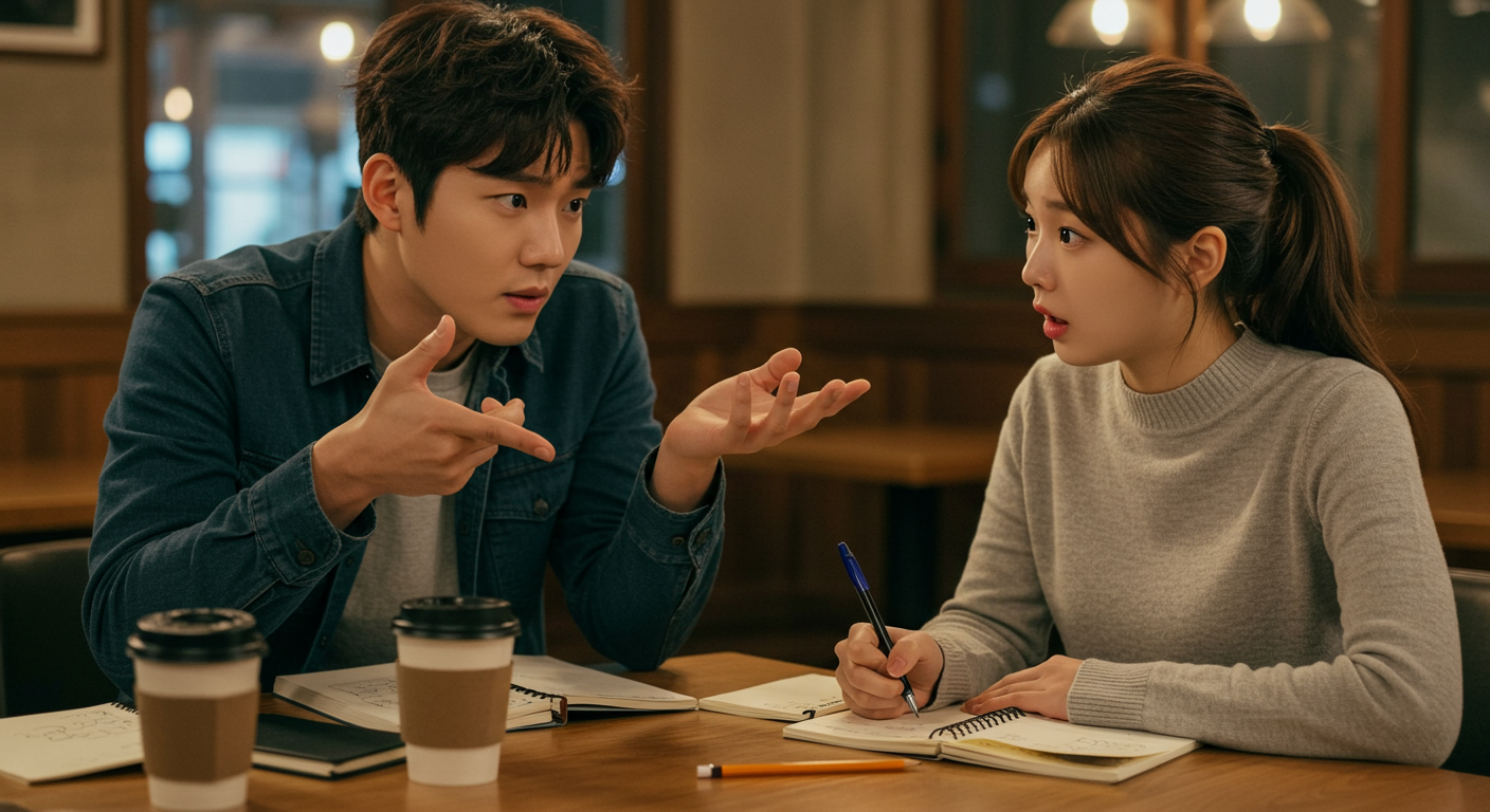 카페 테이블에서 미스터리 드라마 줄거리를 토론하는 젊은 남녀