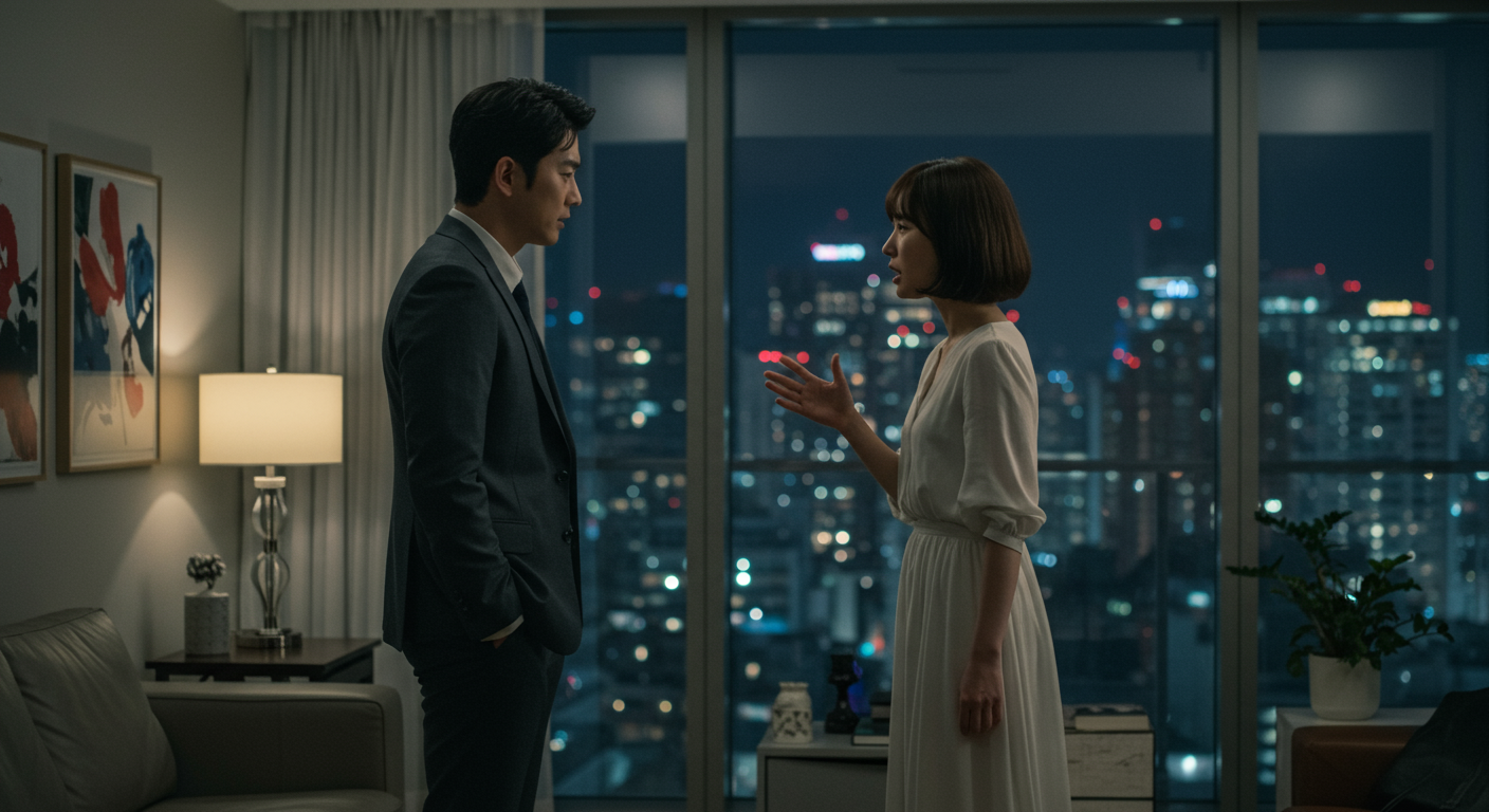현대적인 아파트에서 긴장된 대화를 나누는 커플