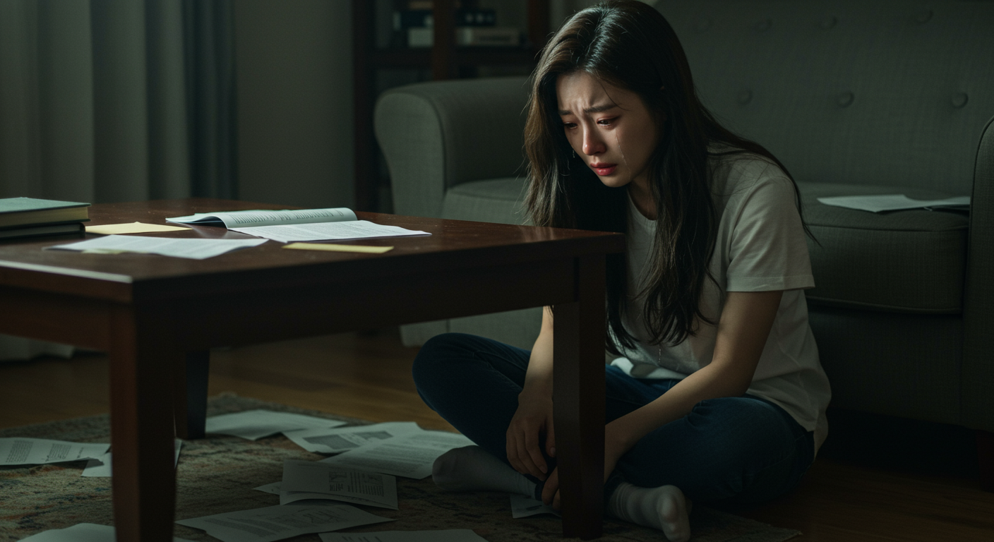 바닥에 앉아 종이들을 보고 있는 여성