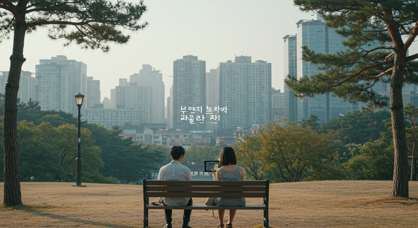 현대적 고층 건물이 배경으로 보이는 도시 풍경 속 공원 벤치에 앉아 태블릿으로 ‘히바로’를 보는 젊은 커플