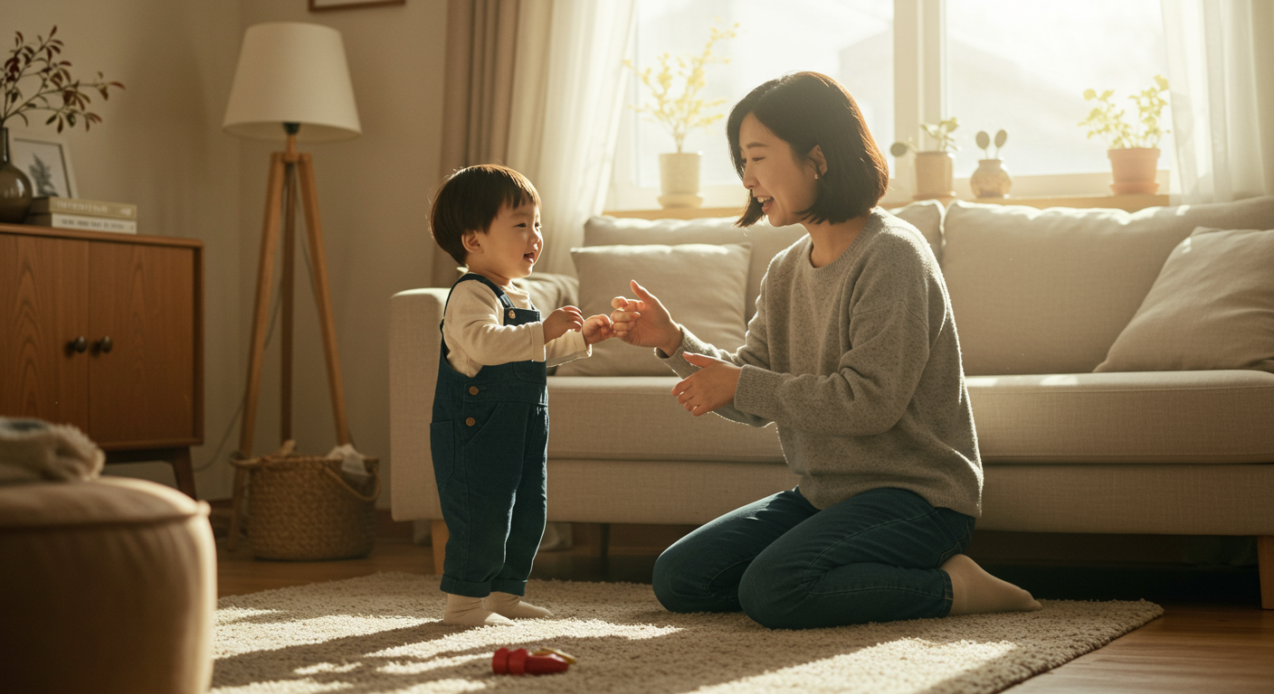 현대적인 엄마와 아들이 거실에서 함께 시간을 보내는 장면