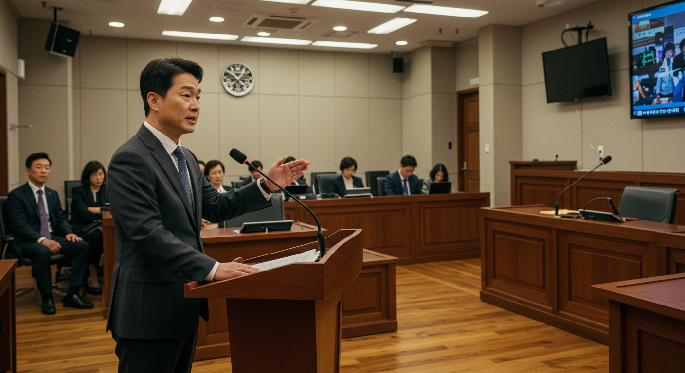 법정에서 전문적으로 변론하는 현대적 분위기의 한국인 변호사