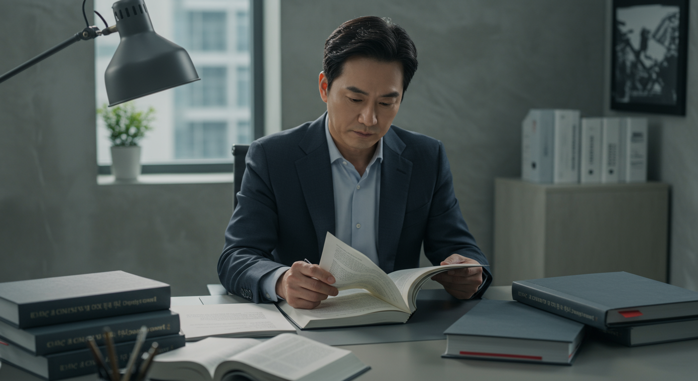 법무법인 사무실에서 서류를 검토하는 집중적인 표정의 한국인 변호사