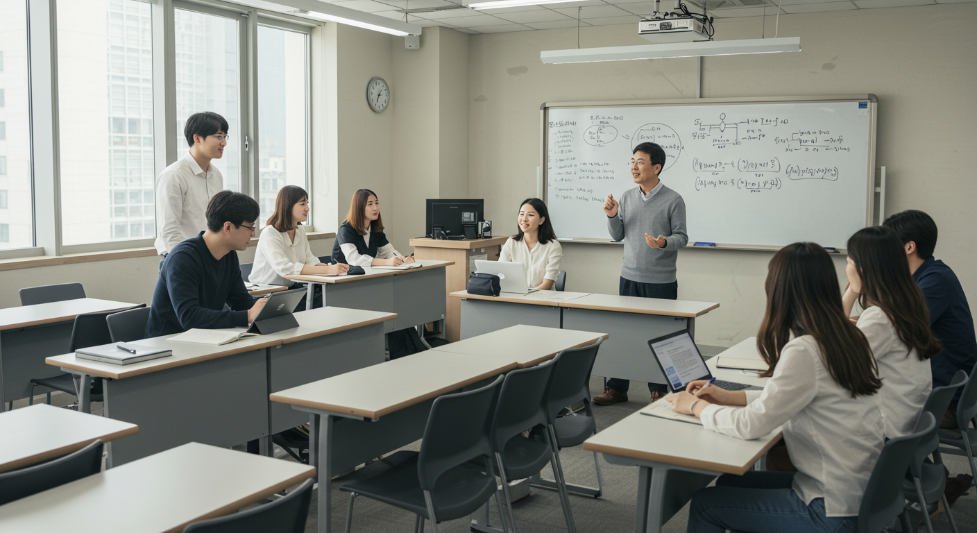 대학교 강의실에서 학생들에게 강의하는 한국 교수의 모습