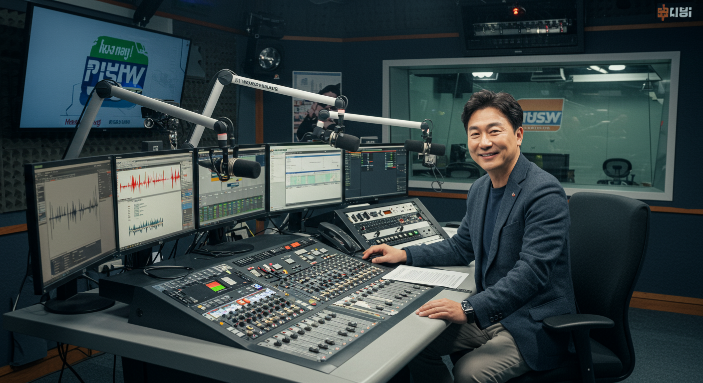 라디오 스튜디오에서 방송을 진행하는 한국 미디어 인사의 모습