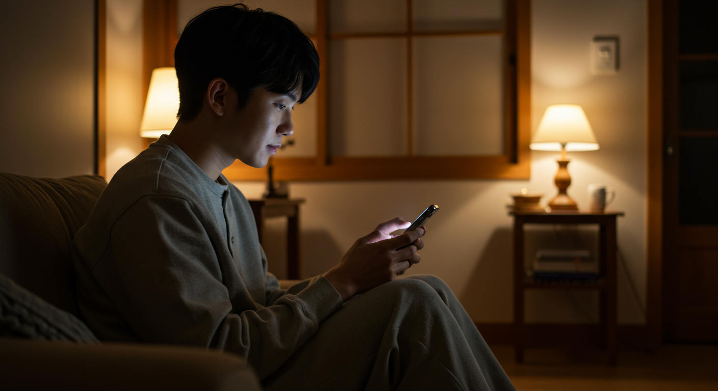 현대 한국인이 집에서 스마트폰으로 종교 콘텐츠를 이용하는 모습