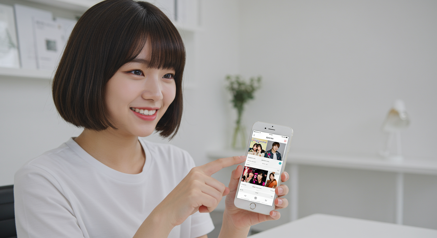 한국 청소년이 스마트폰에서 굿뉴스 앱을 통해 재생목록을 만드는 모습