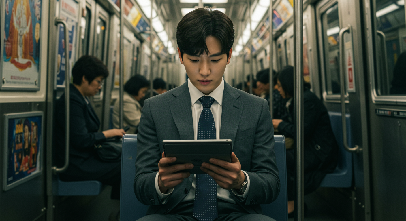 바쁜 지하철 열차 안에서 태블릿으로 종교 콘텐츠를 확인하는 젊은 한국 직장인