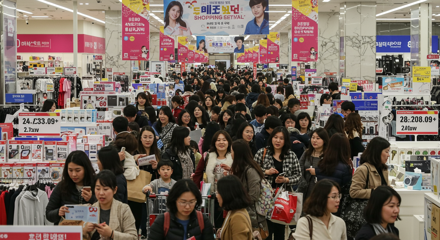 대형 쇼핑 행사 중 활기찬 백화점에서 쇼핑하는 모습