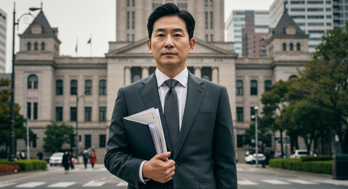 도시 법원 앞에서 서류를 든 채 자신감 있는 표정의 변호사 모습