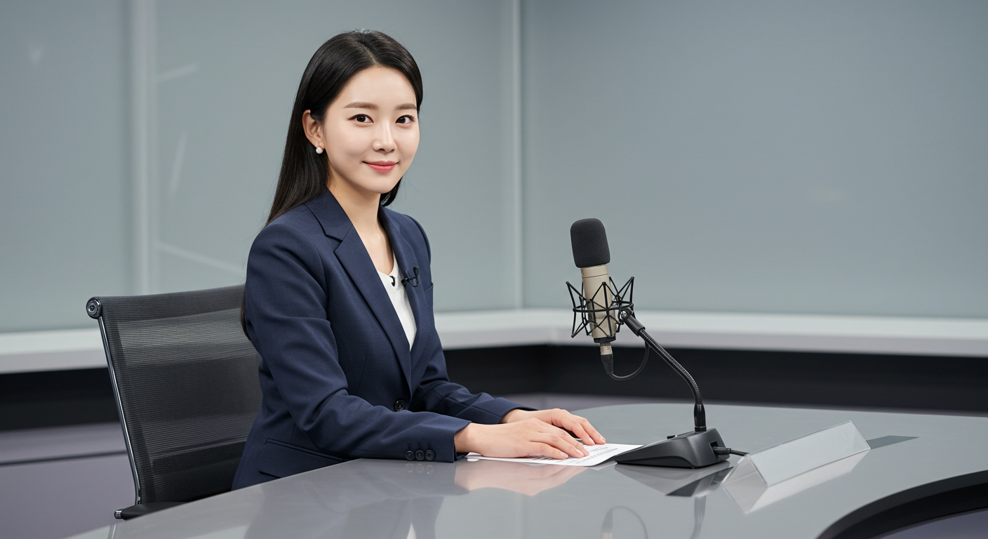 방송국 스튜디오에서 헤드폰과 마이크를 사용하며 앉아있는 우아한 여성 앵커