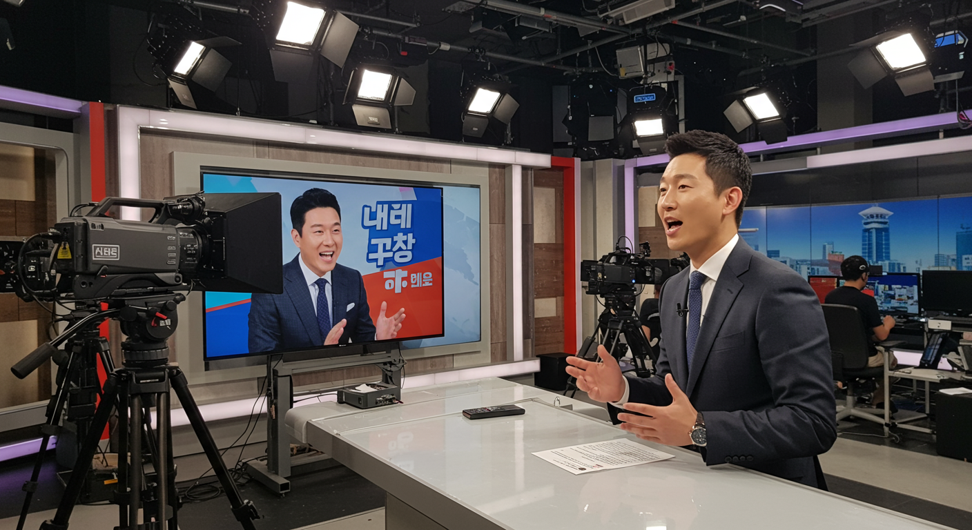 TV 세트장에서 생방송 중 자신감 있게 말하는 카리스마 있는 변호사 모습