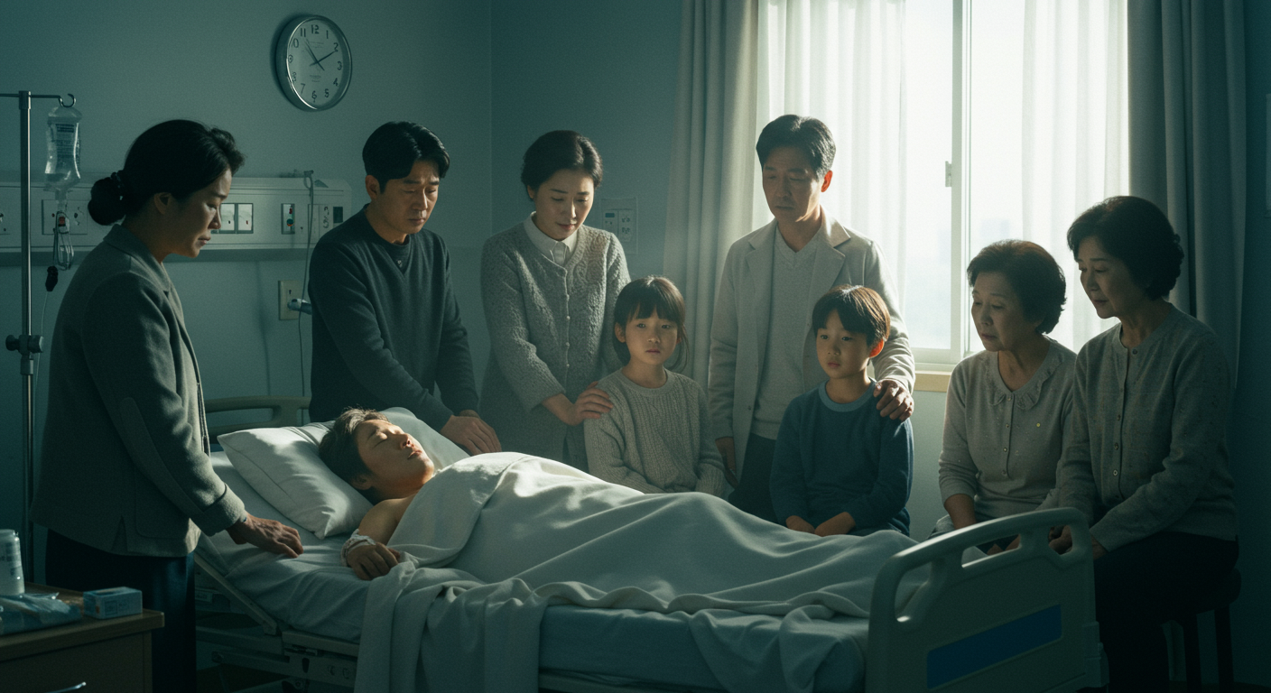 병상에 누워있는 환자를 가족이 둘러싸고 있는 병원 방 장면